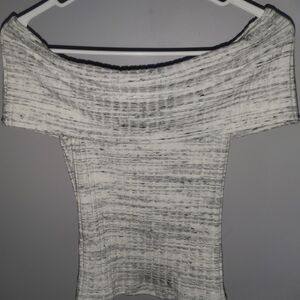 Off-Shoulder Ribbed Knit Blouse in White and Black Marled